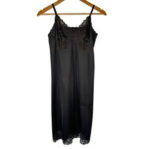 Vintage 90s Vanity Fair Black Lace Nylon Slip Dress Size USA XS S Dark Feminine